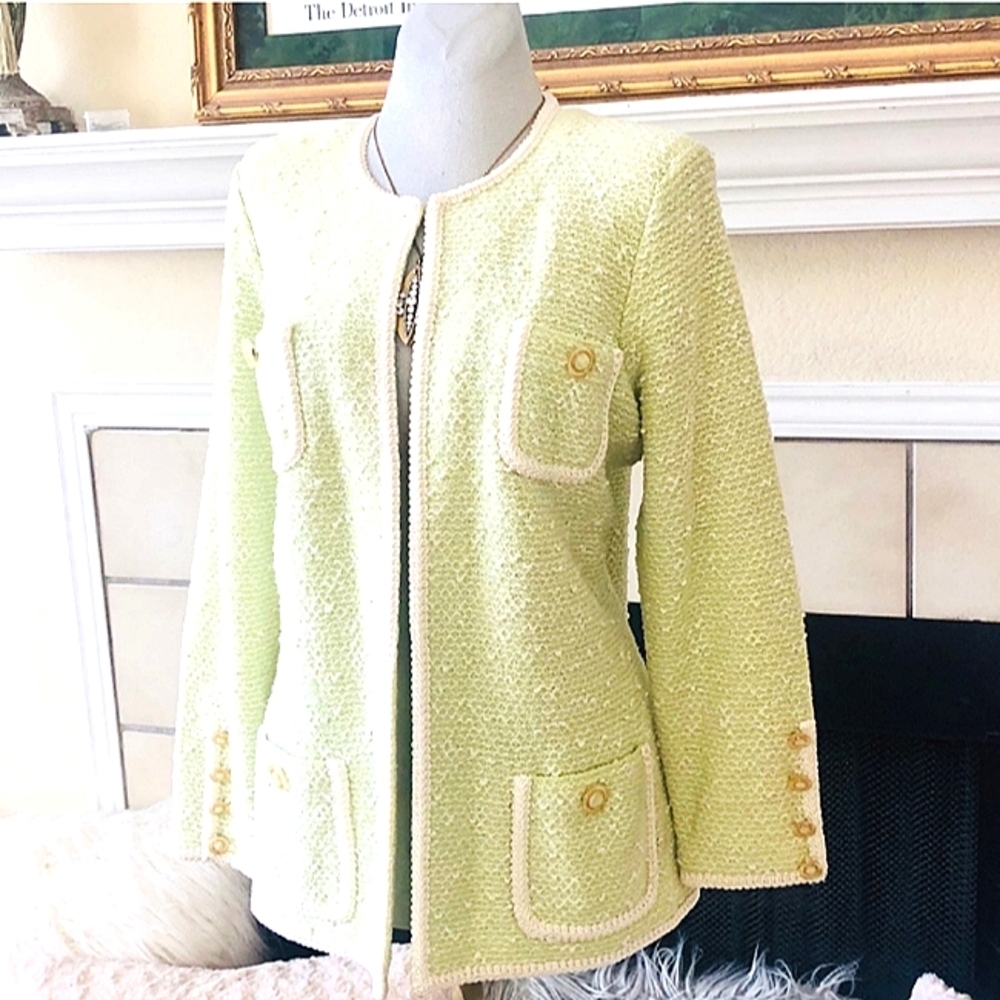 CHRISTIAN A. N.Y  BOUCLE GREEN WHITE WOOL BLEND JACKET M CARDIGAN SWEATER 6 8 10